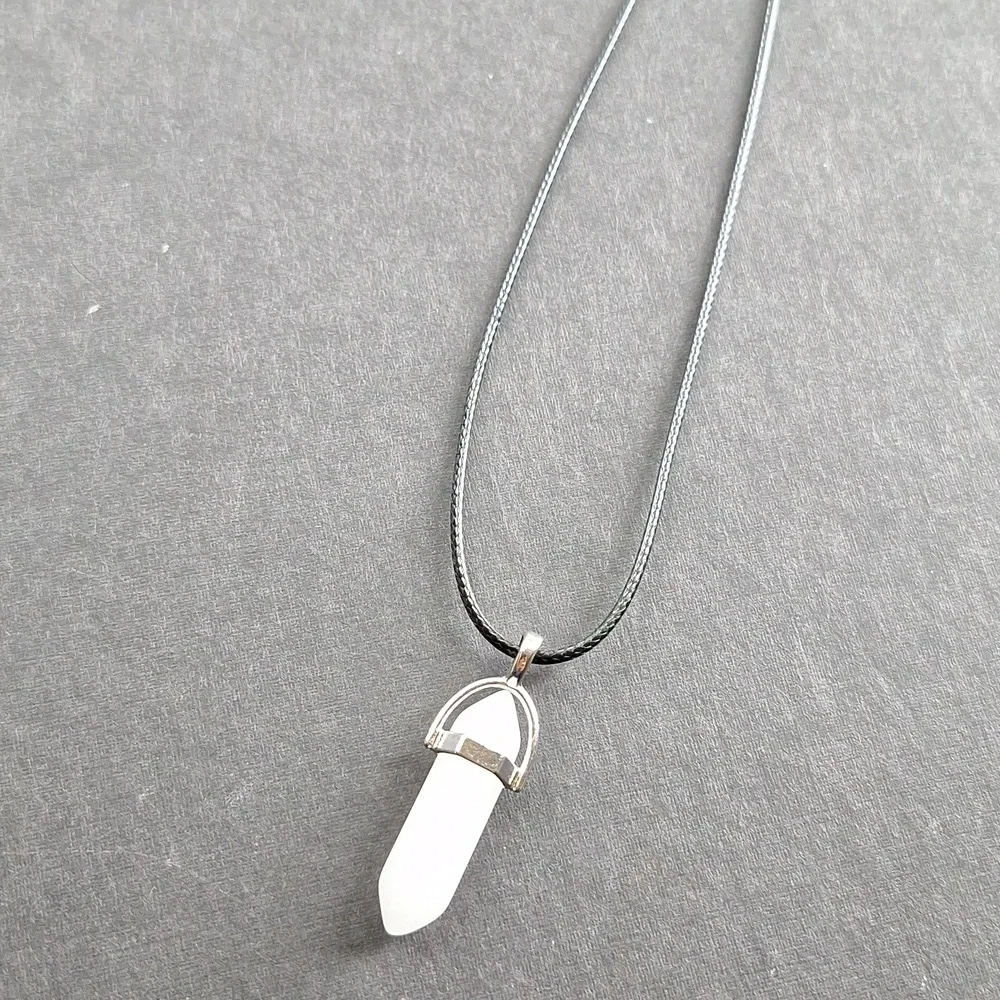 White crystal point pendant necklace on 16-inch faux leather chain